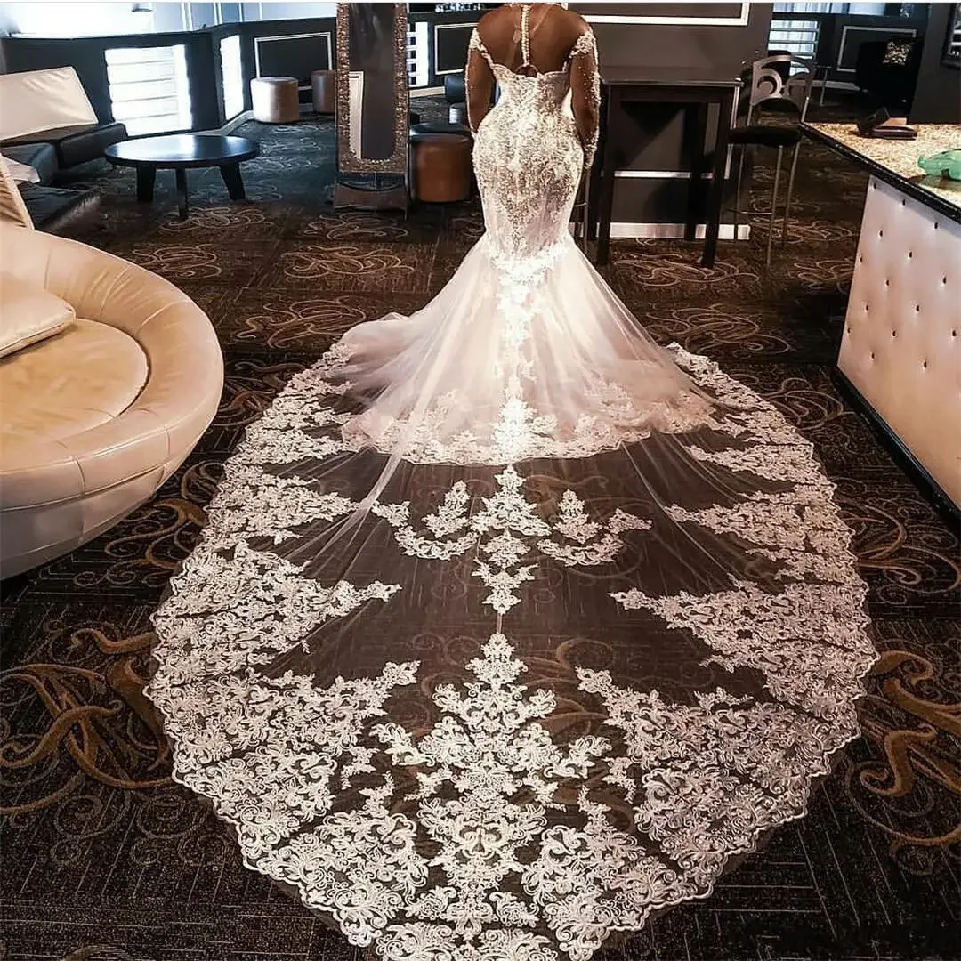 Vestidos de talla grande sudafricanos personalizados con cristales de encaje con cuentas de manga larga corte tren vestidos de boda de sirena de lujo