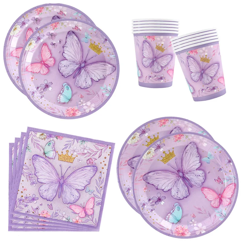 

Purple Butterfly Theme Tableware Paper Plate Cup Napkin Purple Butterfly Party Decoration Kids Girl Birthday Party Supplies