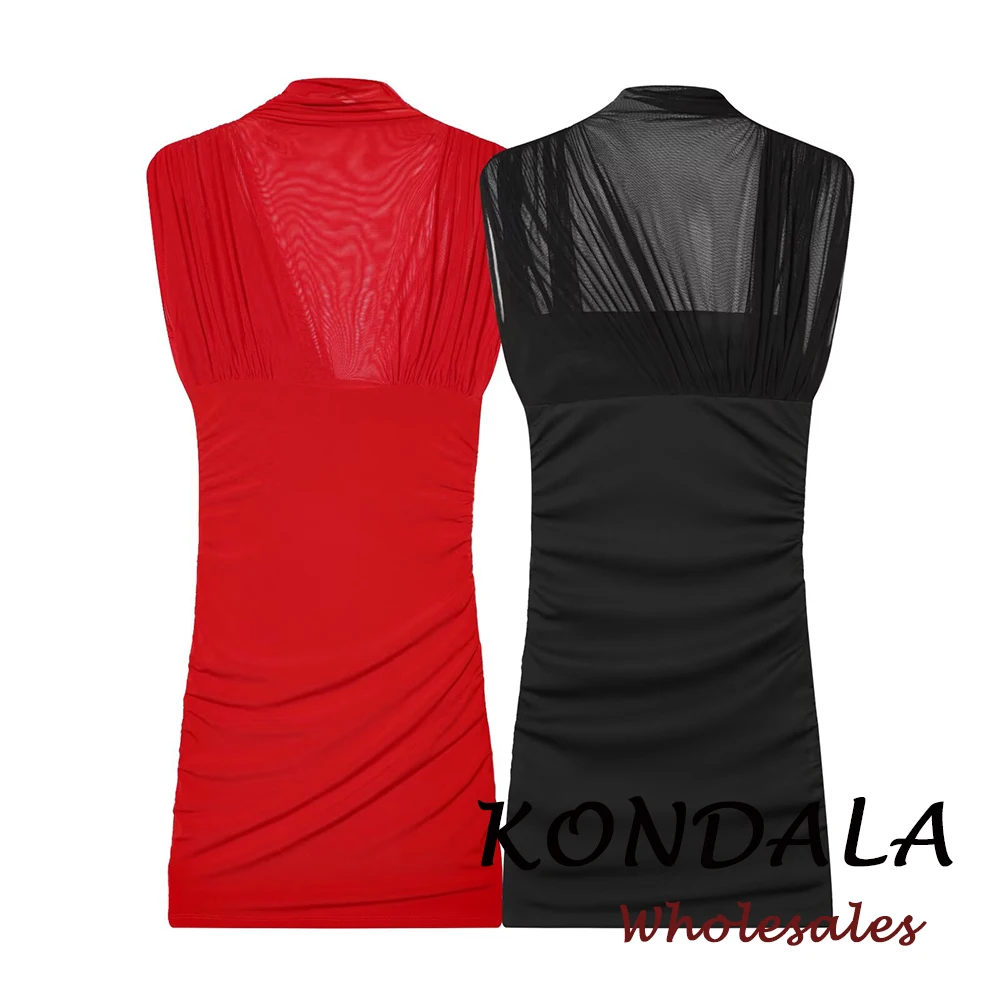 KONDALA Schickes Glänzendes Netzstoff-Etuikleid für Damen, Modisches Frühlingskleid 2026, Elegantes Abendkleid, Plissiertes Rotes Damenkleid