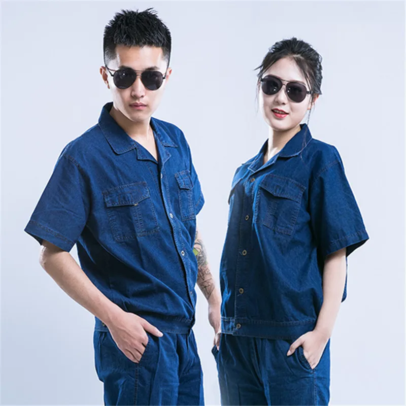 

Summer Denim Work Clothing Denim Working Uniforms Short Sleeves Welding Suit Breathable Dust Proof Auto Car Repairman Coveralls