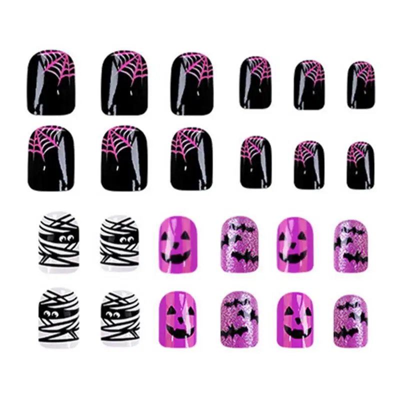 Halloween Nail Decals Nail Stickers Press On Nails Short 24 Pcs Nail Art Stickers Self-Adhesive Decals Halloween Nail Design