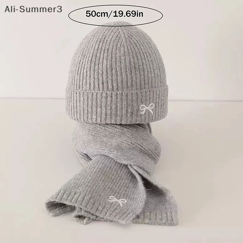 Комплект из 2 предметов, корейские детские шапки и шарфы, зимние детские стильные ветрозащитные вязаные шерстяные шапки с бантом для мальчиков и девочек от 1 до 8 лет