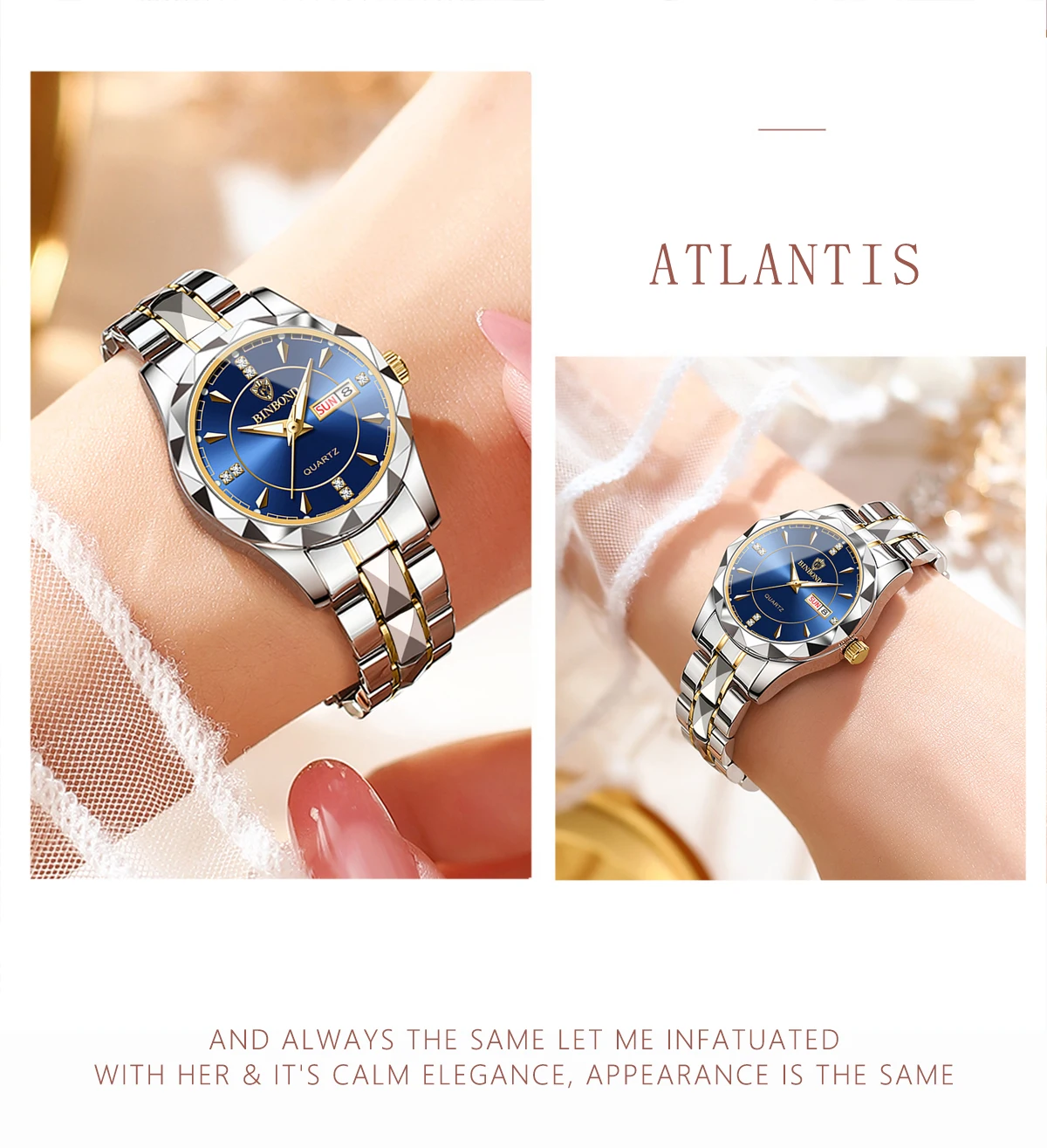 BINBOND Luxus-Quarz-Armbanduhren für Damen, leuchtend, wasserdicht, Wochenanzeige, automatisches Datum, Damenuhren, modisch, lässig, Reloj – Detail 15