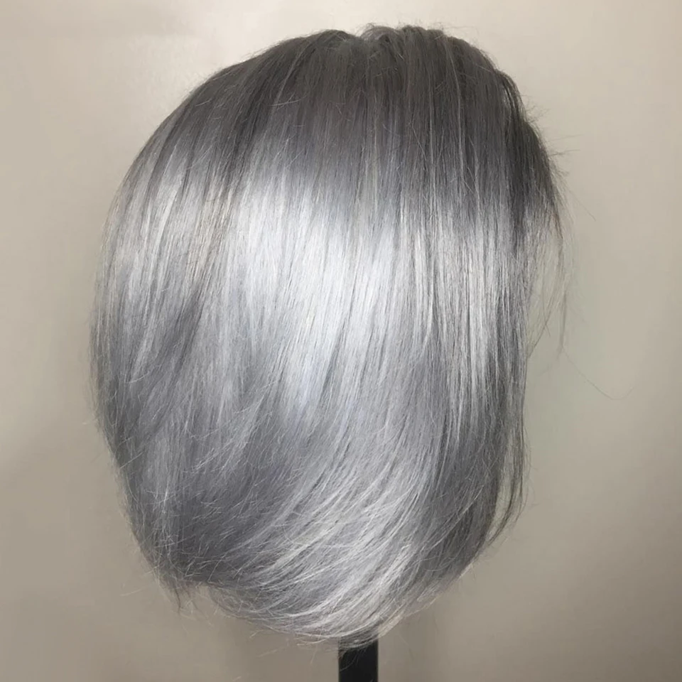 Short Bob Straight Soft 180% Density Ash Blonde Gray Lace Front Wig For Women Baby Hair Preplucked Glueless Natural Hairline