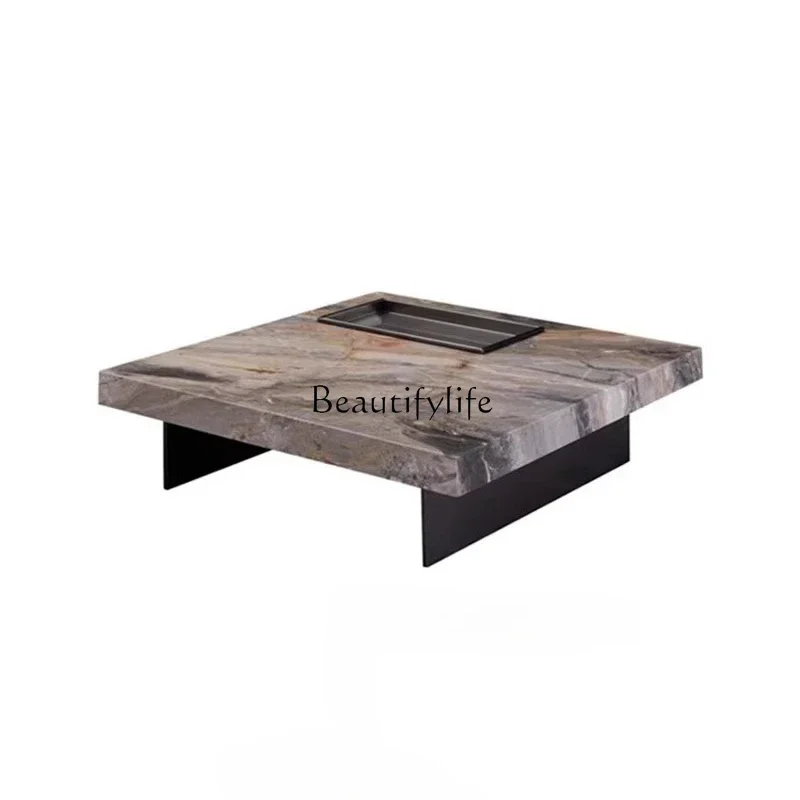 ls 27Italian natural marble coffee table living room light luxury stainless steel generous table