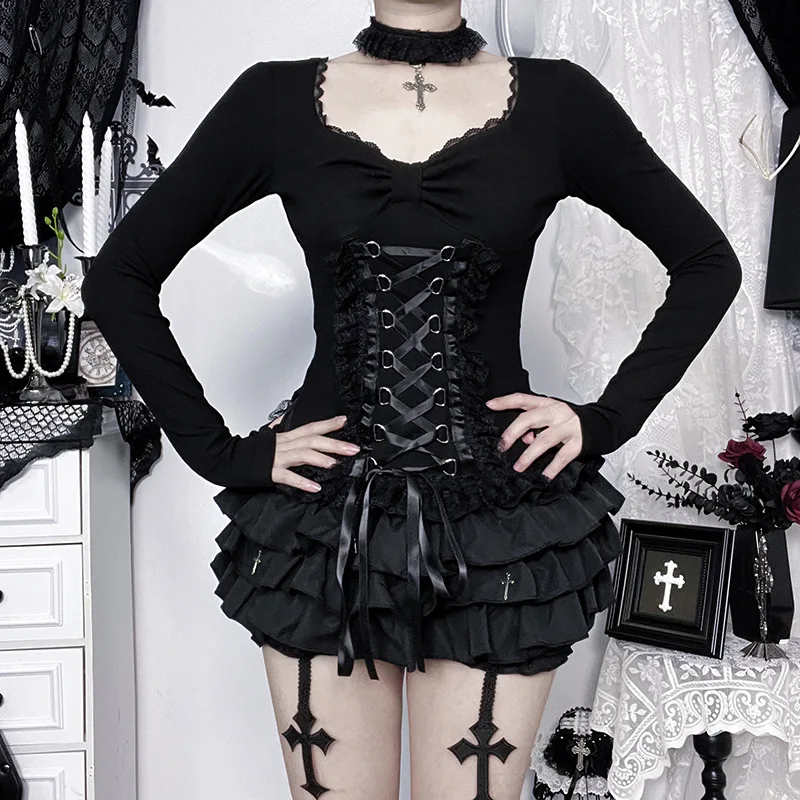 2025 New Vintage Dark Lolita Long Sleeve Bandage Lace Up Lace Trim Tops Women's Gothic Slim T-shirts Sexy Club Top Tees Coquette