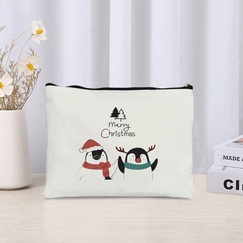 Christmas Penguin Makeup Bag Custom Cosmetics White Pouch Waterproof Cloth Toiletries for Women Girls Friendship Birthday Gifts