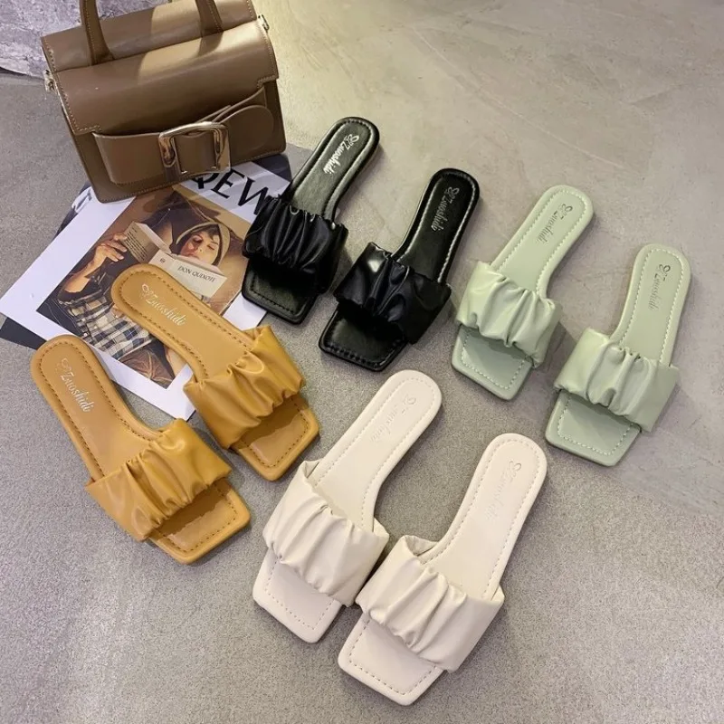 Fashion Women's Ruched Band Slides Sandals Elegant Square Toe Flat Shoes for Woman New Comfortable Casual Slip-On Slippers