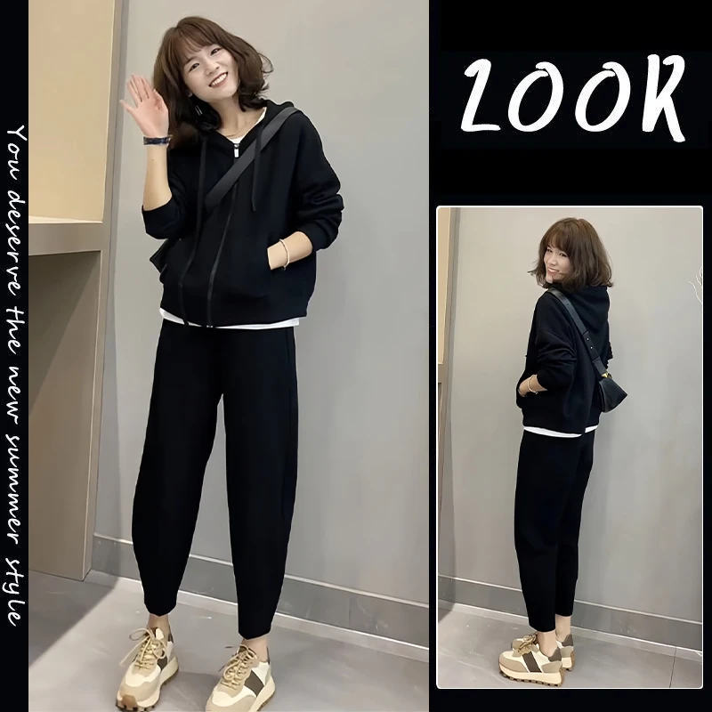 

Black Casual Hoodie Set Women's Early Autumn 2026 New Small Size Salt System One Whole Set Polyester Fabric Two Pieces