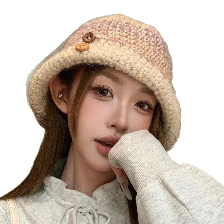 Button-Fastened Knitted Fisherman's Hat for Women Versatile Autumn/Winter Beanie with Large Circumference Warm Woolly Hat