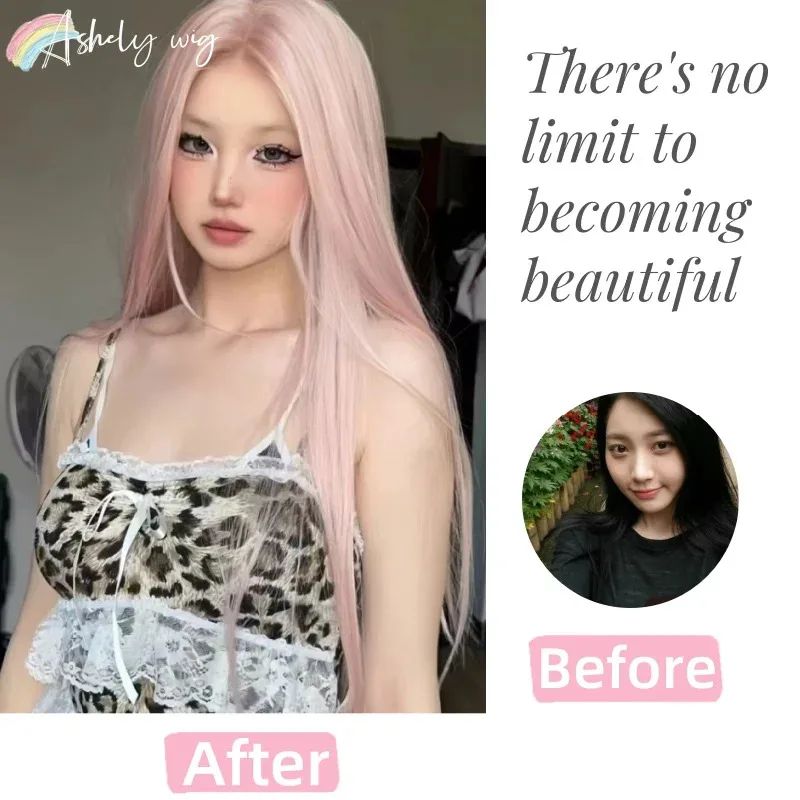 Peluca rosa Peluca rosa larga y recta de Lolita para mujer Pelucas sintéticas con diadema Pelucas de fiesta en promoción Peluca Lolita