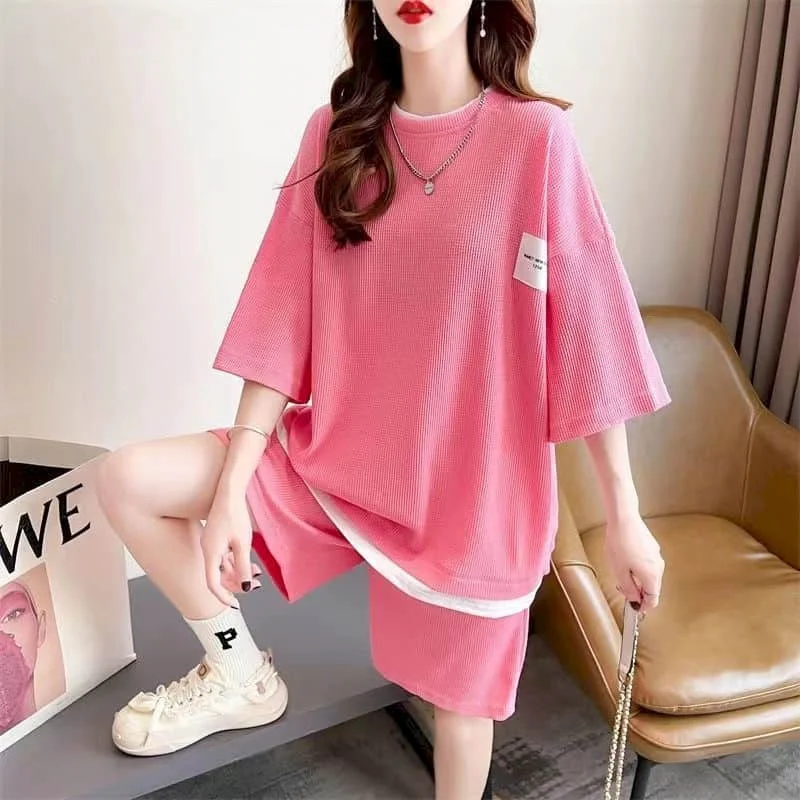 Sporty Shorts Set Half Sleeve T-shirt 2 Piece Sets Women Outfits Summer Sportswear Suits Loose Korean Style Waffle Pants Sets