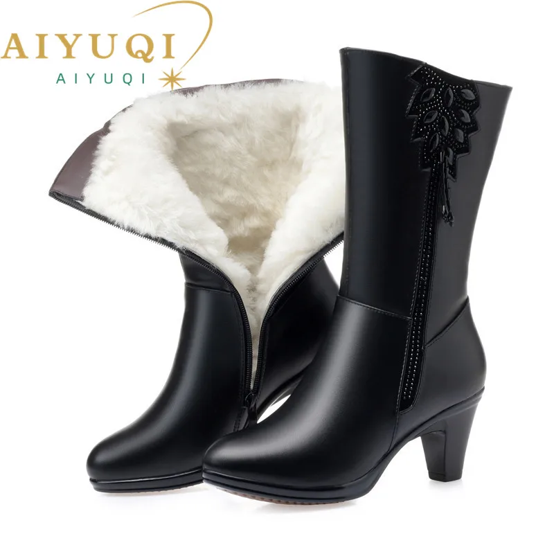 

AIYUQI Women Winter Boots High Quality Cow Leather Long Winter Boots High Heel Wool Warm Female Tassel Boots