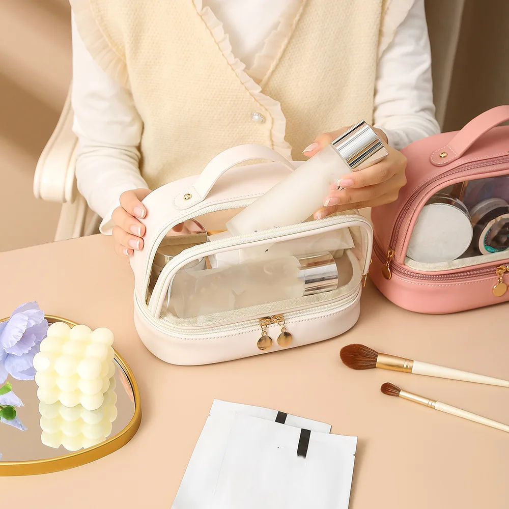Lantern Makeup Bag with Large Capacity Instagram Style Portable Travel Storage Bag PU Double Layer Handheld Wash Bag