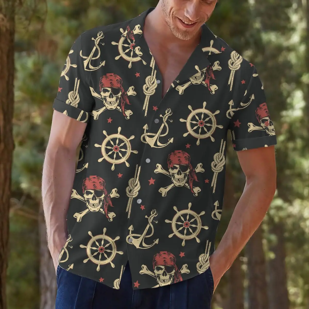 

2025 Men's Funny Pirate Skull Series Shirts 3D Print Summer Beach Holiday Casual Button Up Tops Summer Women Short Sleeve Blouse