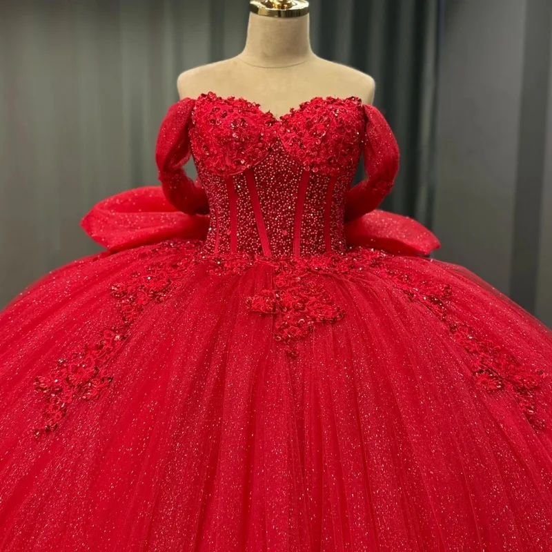 

Shiny Red Quinceanera Dress Glitter Decal Long tail off-shoulder Lace Layering Ruffle Bow Vestidos De 15 Quinceanera ﻿Customize