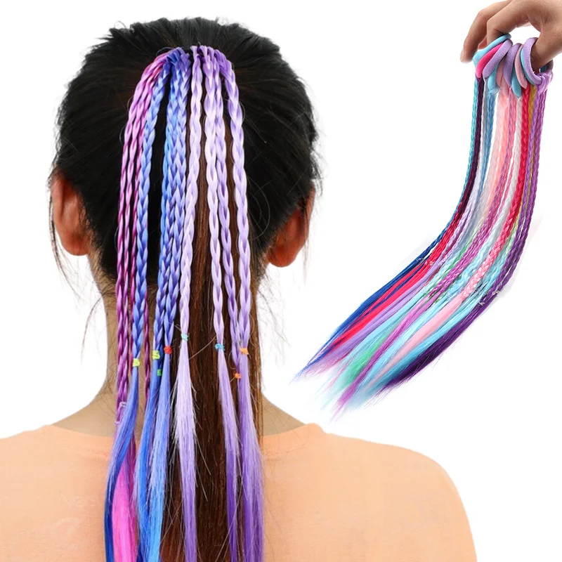 12 Colors/12Pcs Colored Braids Hair Extensions with Rubber Bands Rainbow Braided Synthetic Hairpieces Ponytail Hair Accessories