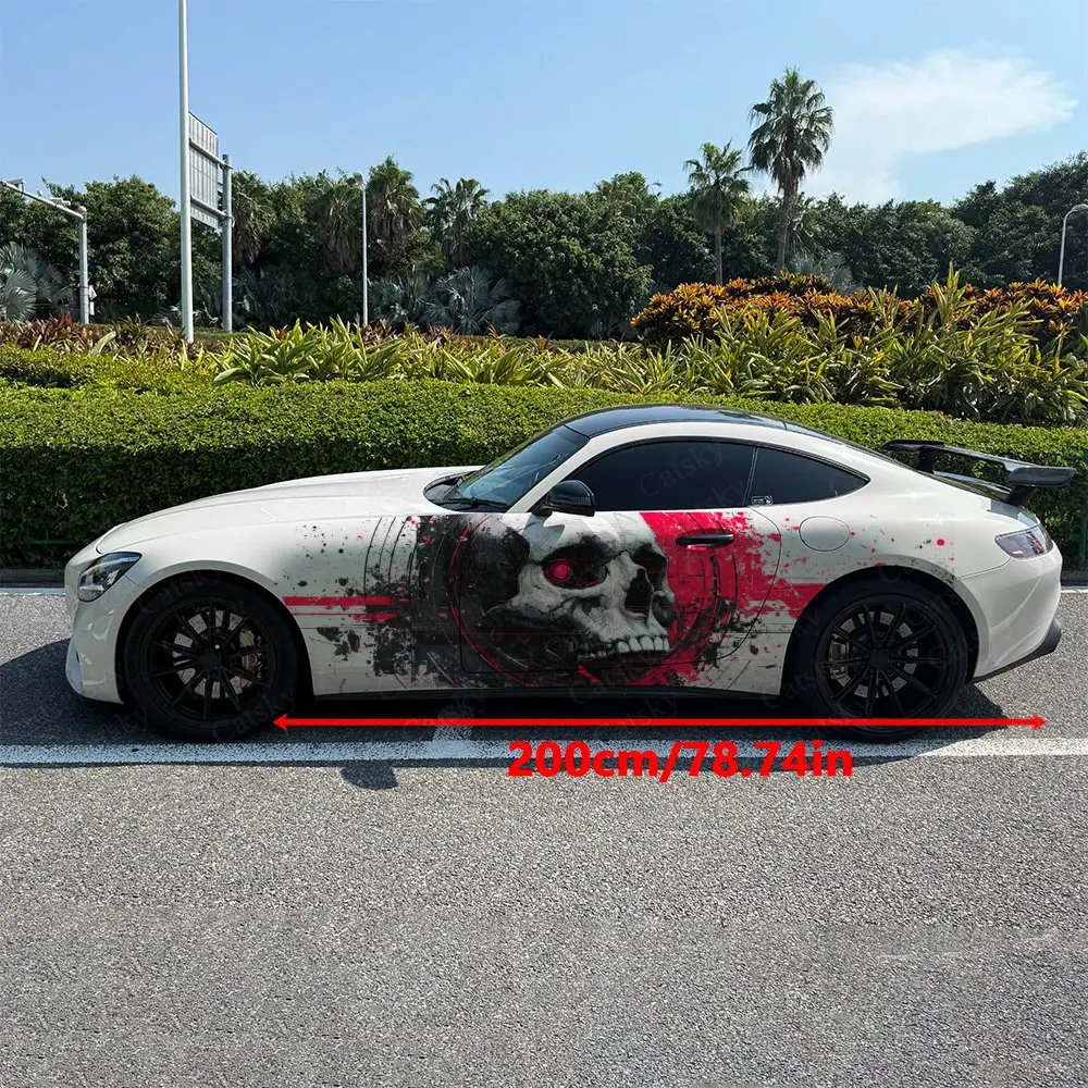 2pcs Black & Red Splatter Skull Car Side Wraps, Self-Adhesive PVC Waterproof & Scratch-Resistant Stickers, Car Accessory Gift