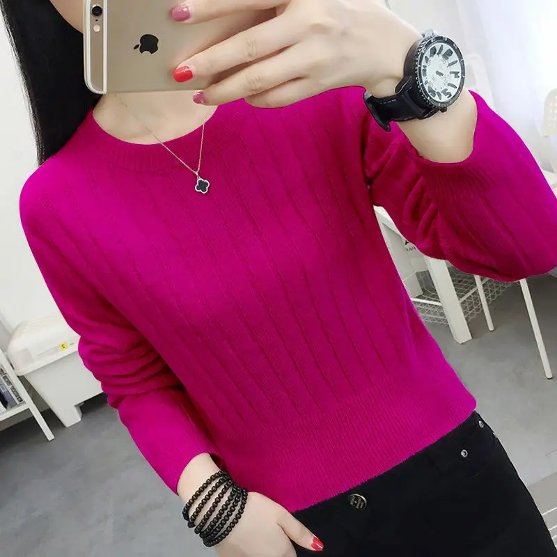 Spring Autumn New Fashion Round Neck Long Sleeve Solid Pullovers Women\'s Clothing Slim Knitting Bottoming Shirt All-match Top