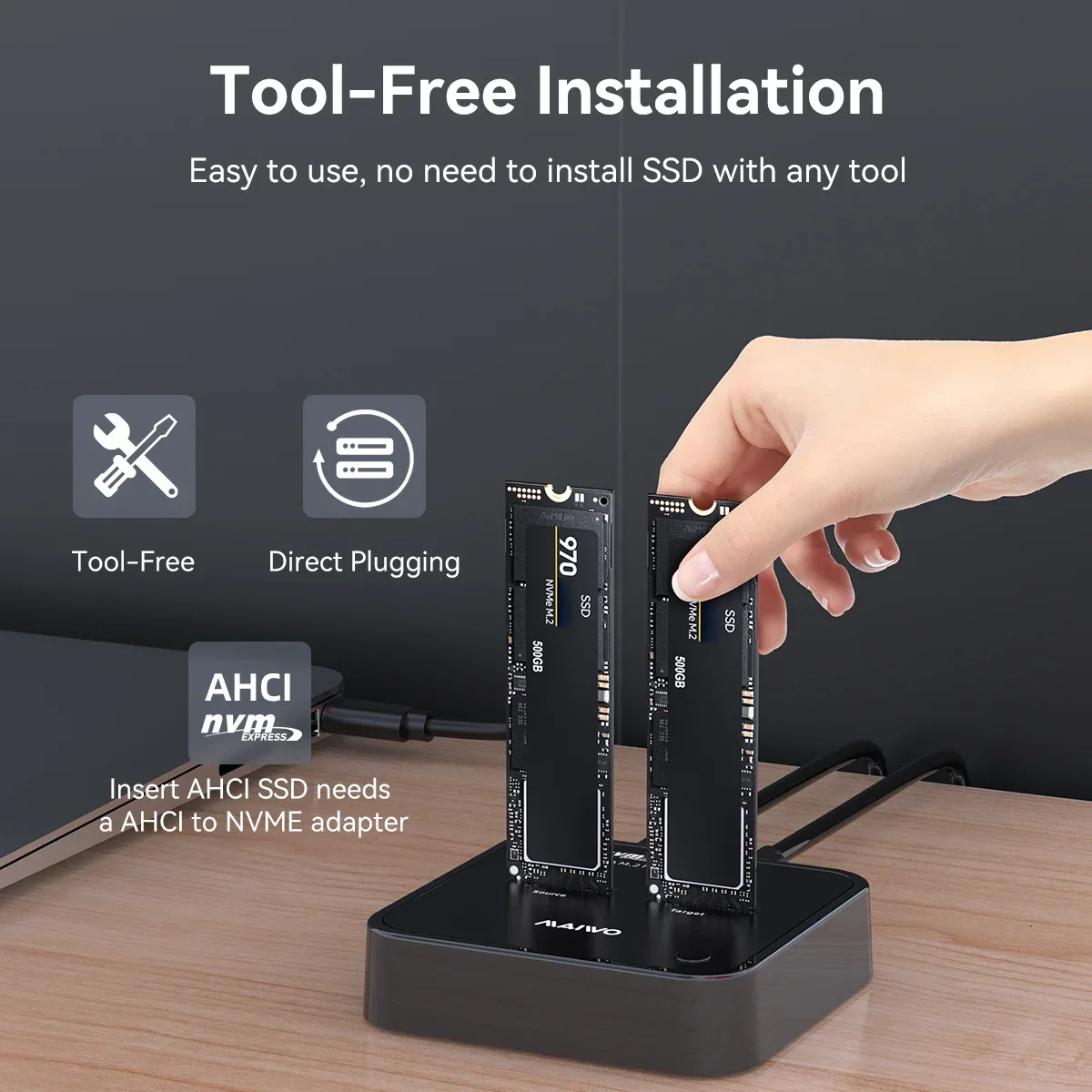 MAIWO USB3.2 AHCI M.2 NVMe SSD adaptador de carcasa duplicador móvil con M2 SSD 2230/2242/2260/2280 compatible con clon sin conexión de una tecla