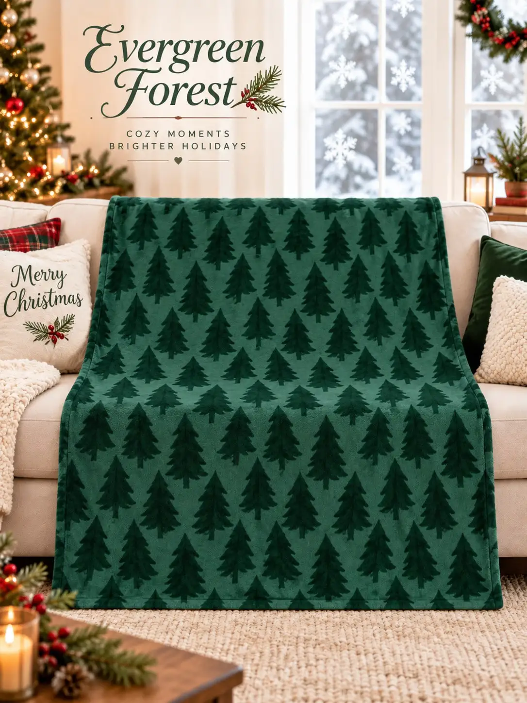 Christmas Flannel Blankets & Throws Evergreen Pine Tree Forest Design Winter Bedding Sofa Couch Bed Living Room Bedroom Home Decor Fireplace Cabin Lounge Nap Holiday Gift for Family Friends Housewarming Occasion Reading Movie Night RV Travel Camping