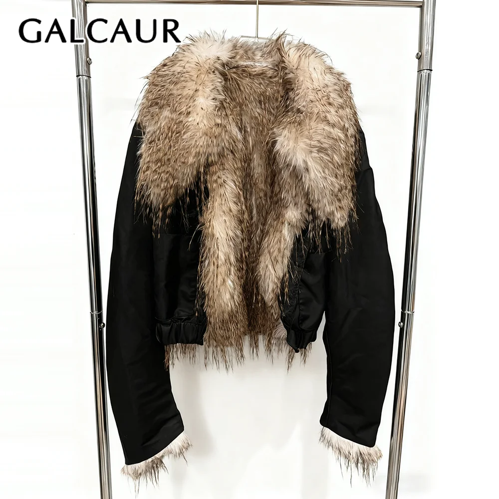 

GALCAUR Black Spliced Fur Chic Jacket Female Lapel Long Sleeve Loose Streetwear Basics Women's Jackets Autumn Fashion New Style