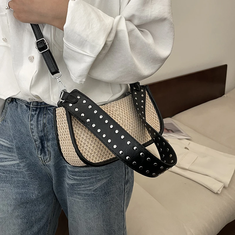 2024 Zomer Strotas Voor Dames Franse Stijl Onderarm Schoudertas Brede Riem Handtas En Tas Luxe Klinknagel Geweven Crossbody Tas