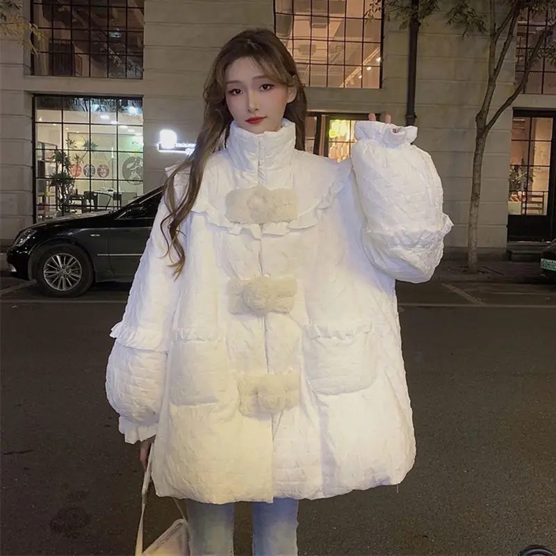 Ruffles Patchwork Sweet Women Parkas Stand Collar Fashion Button Up Loose Padded Coats Autumn Wainter Warm Thick Warm Jackets