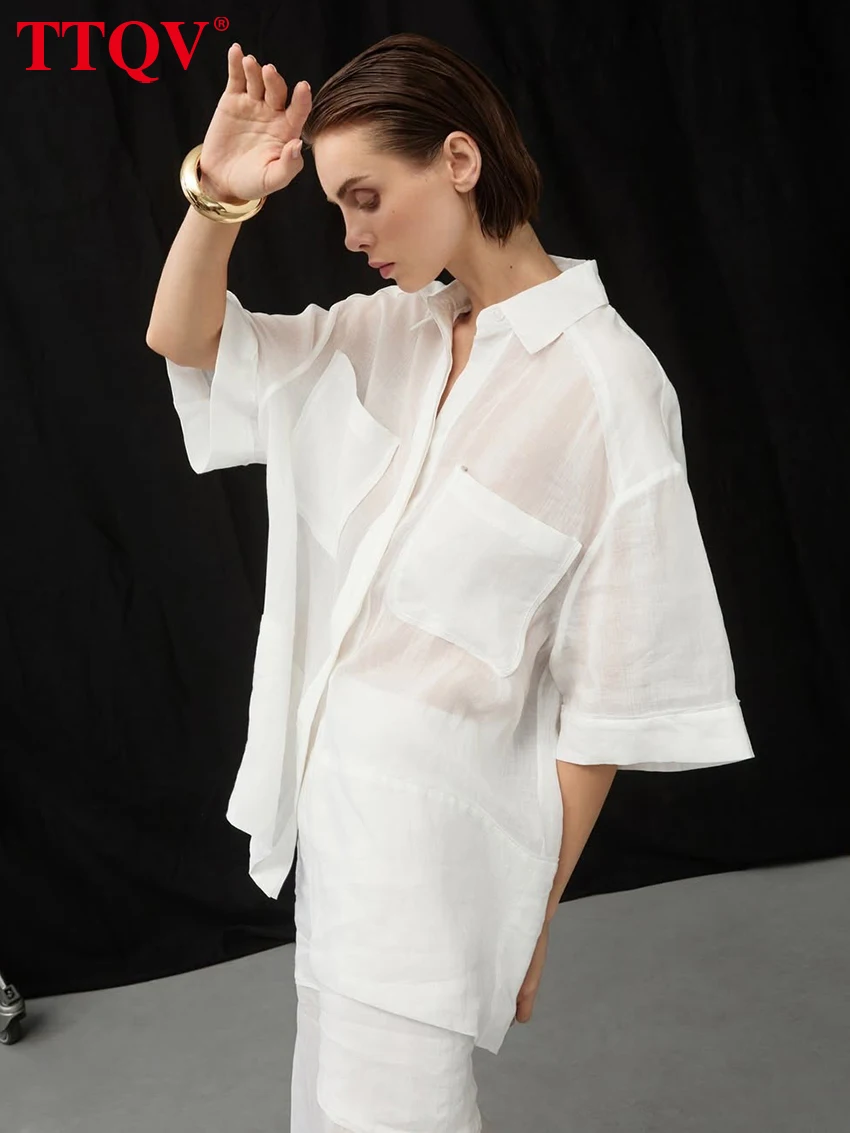 

TTQV Fashion Loose White Cotton Women Two Pieces Set 2025 Summer Short Sleeve Shirt With High Waist Long Skirt Set Streetwear