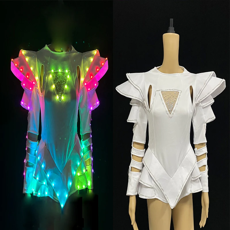 Beautiful Luminous DJ White Dance Costume Sexy Amazing Clothes Dress Performance Night Glowing Remote Control Colorful Dress