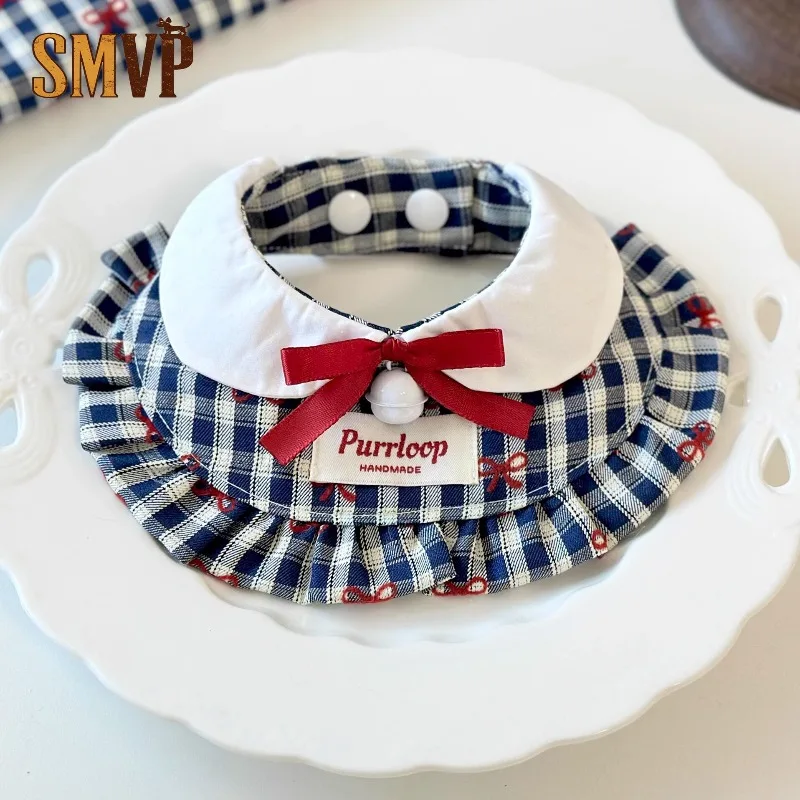 

Fresh College Style Pet Bib Plaid Pleated Edge and Small Bell Decoration Japanese JK Kitten Puppy Decorative Bib