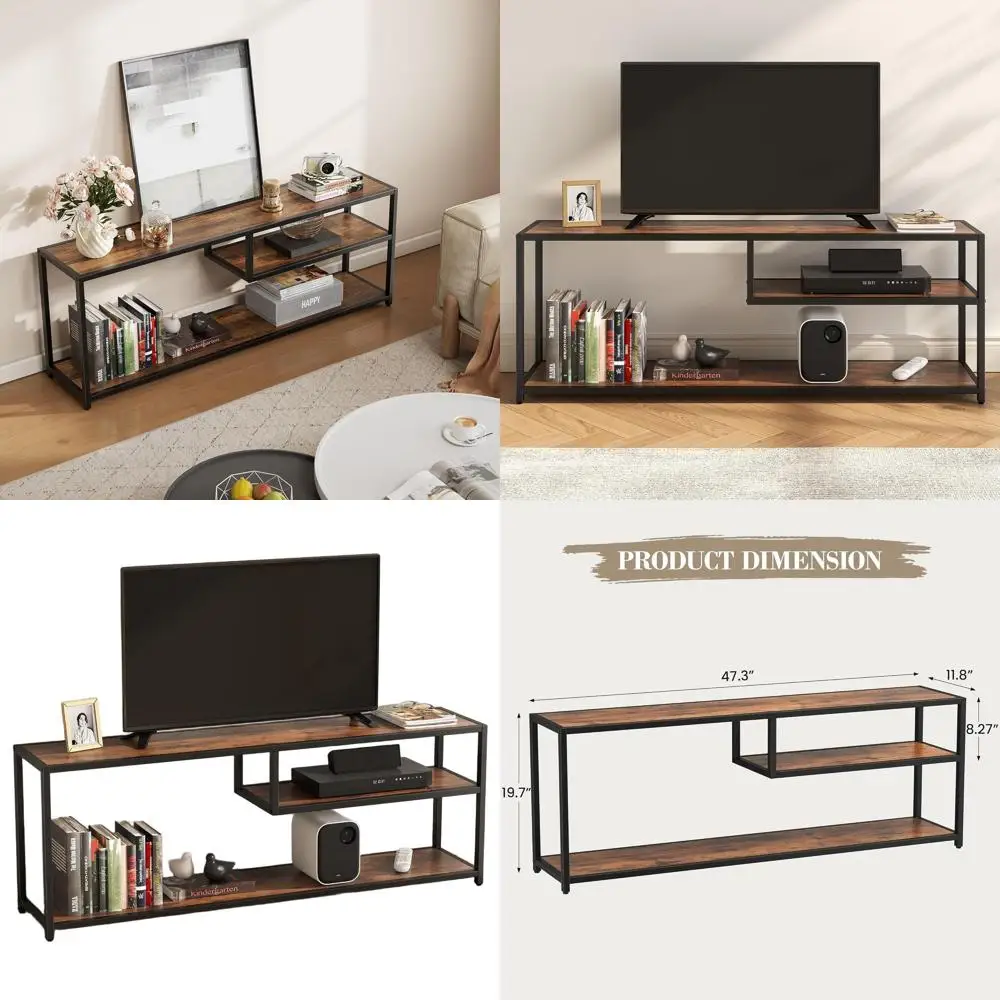 

55 TV Stand with Storage Shelves, Metal Frame Entertainment Center, Rustic Brown Console Table for Living and Bedroom
