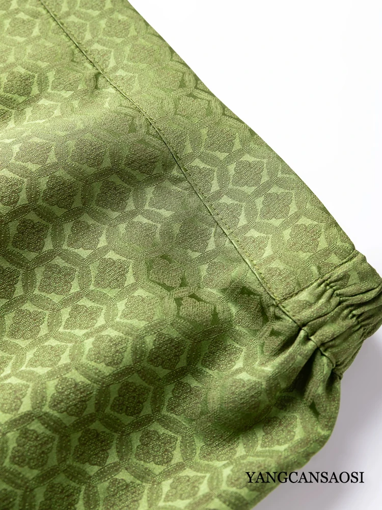 Temperament Olive Green 100% Natural Mulberry Silk Jacquard Gambiered Guangdong Gauze Elastic Waist Split Hip Wrapping Skirt