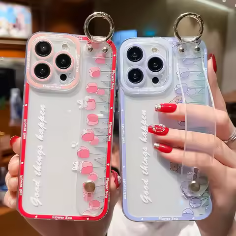 SoCouple Cute Tulip Wrist Strap Case For Samsung S23 S24 S22 S21 S20 FE Plus Ultra Note 10 20 Soft Silicone Phone Holder Cover