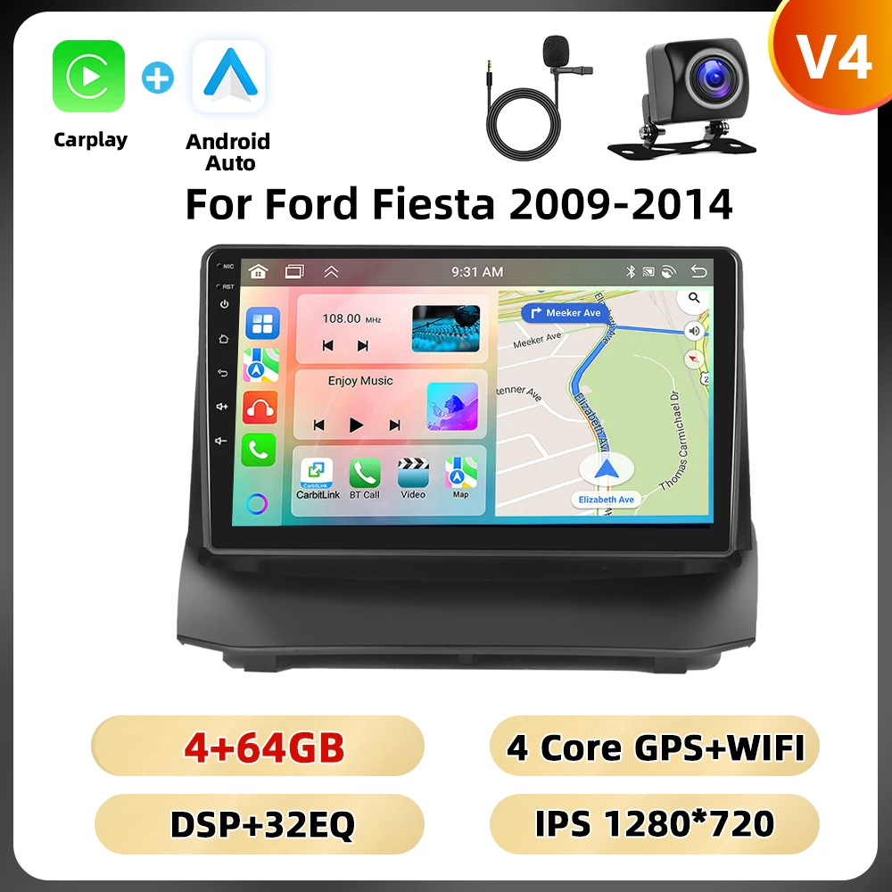 Podofo 2din 8Core Autoradio Voor Ford Fiesta 2009-2014 Multimediaspeler Gps Navigatie Wifi 4G Carplay Android Autoradio