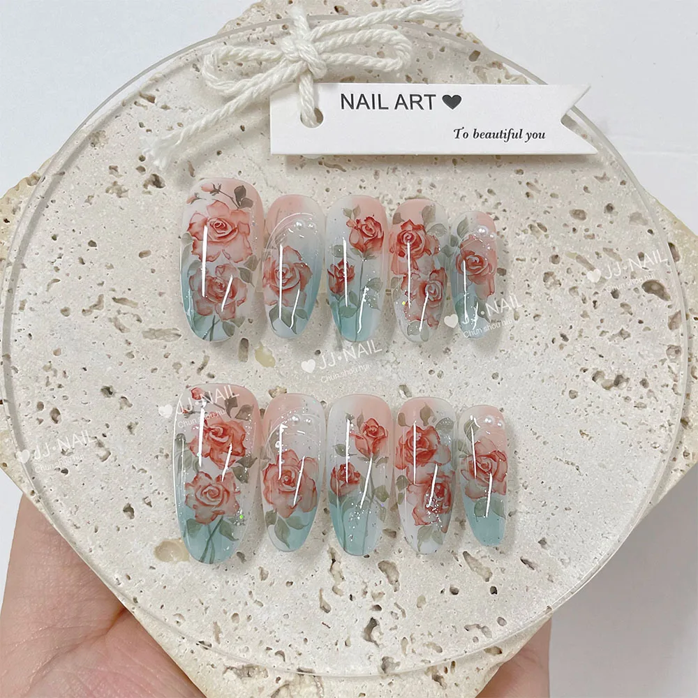 Fresh Gentle Style Hand Drawn Flower Glitter Nail Art Pearls Green Leaves Handmade Press On Nails Birthday Gift Party Stickers