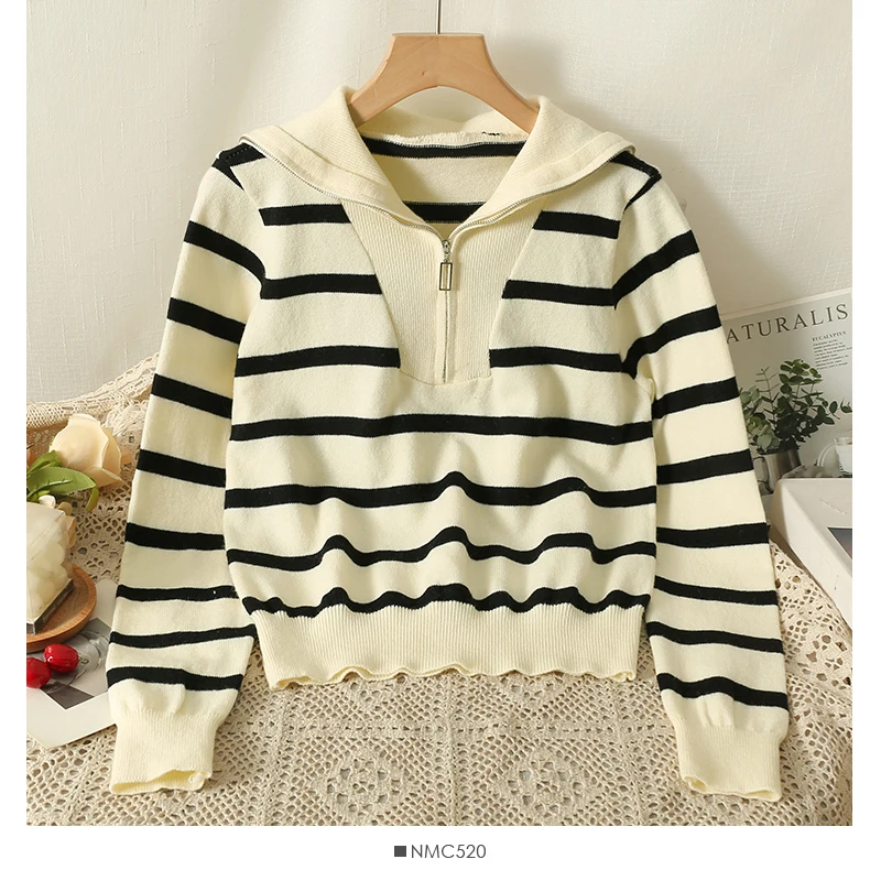 Sailor Collar Striped Sweater for Women Zip Front Long Sleeve Knitted Pullover Jumper Fall Winter Vintage Chic Outfit