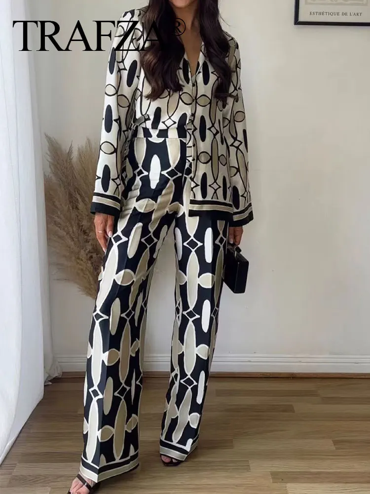 TRAFZA 2024 Summer Trendy Female Pant Suit Long Sleeves Lapel Blouse+Side Zipper Wide Leg Pants Vintage Geometric Print Chic Set