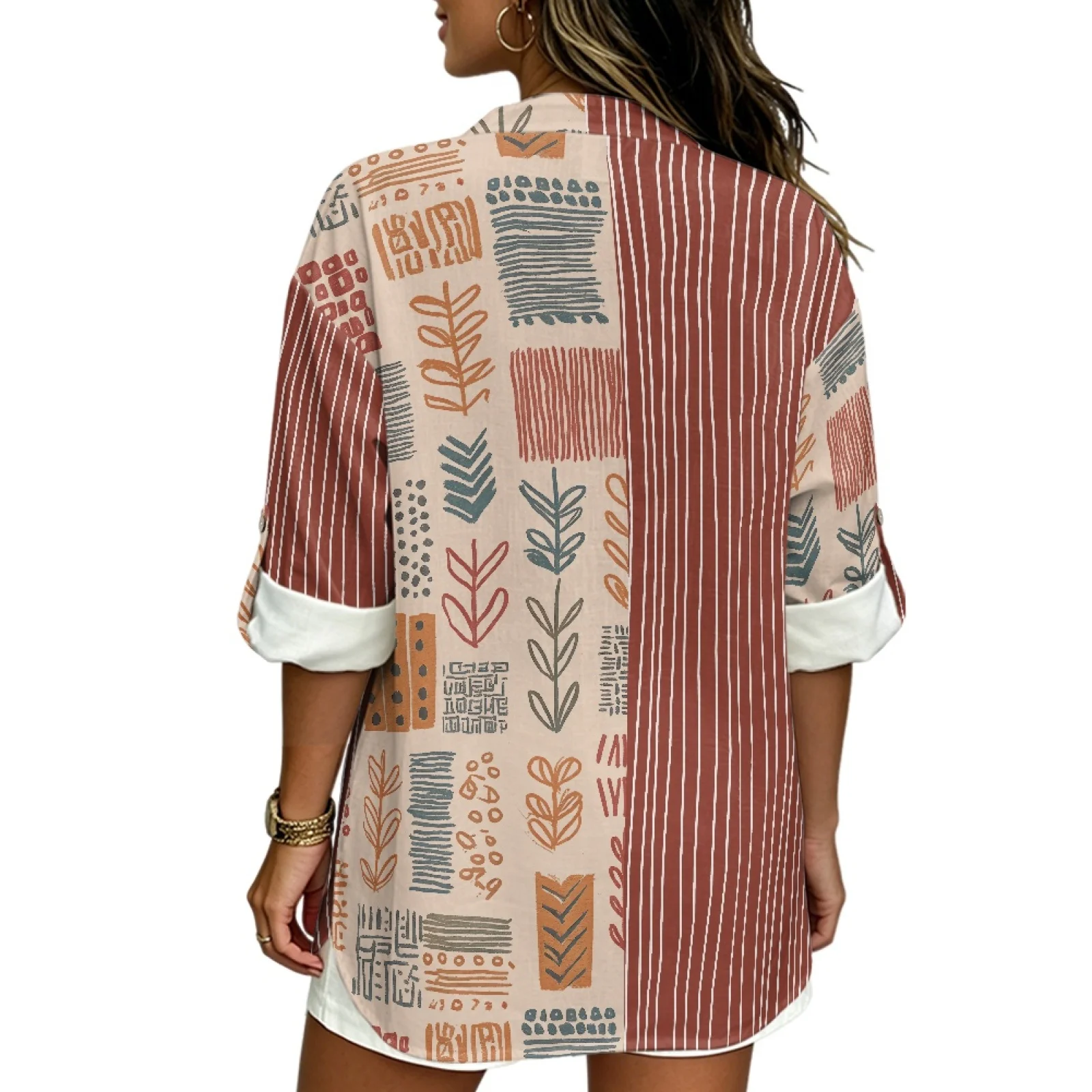 INSTANTARTS Women'S Linen V-Neck Shirt Breathable Long-Sleeved Top Blouse Roll-Up Cuff Lightweight Comfortable Soft Rtero Flower view 3