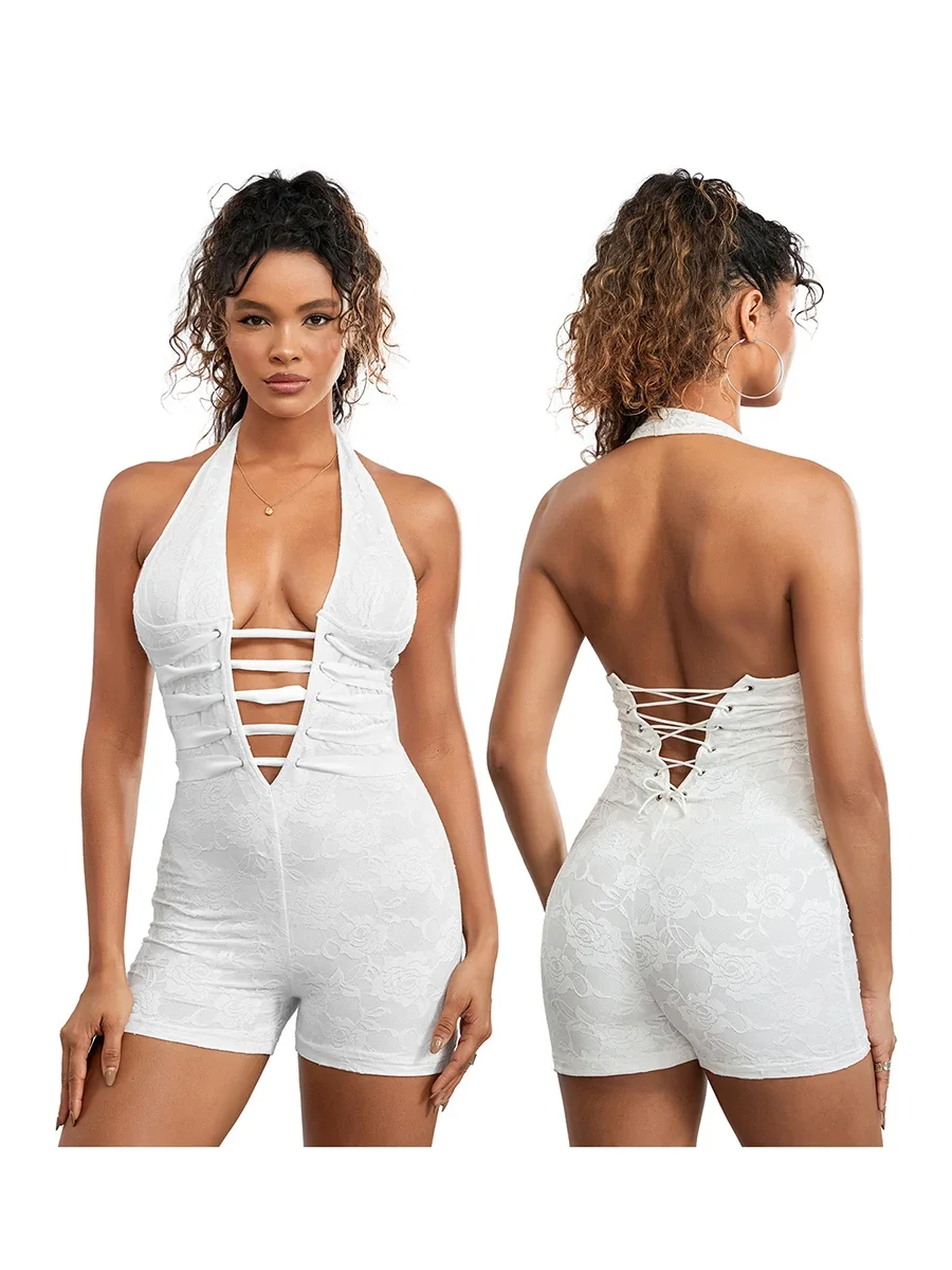 Newly Women's Sexy Lace Bodysuit Deep V Neck Backless Sleeveless Halter Shorts Jumpsuit Bodycon Party Club Rompers Chic Slim