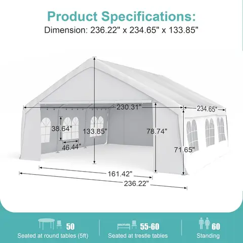 20 x 20 ft Outdoor Metal Carport – Commercial Wedding Party Gazebo Tent with Sidewalls & 3 Rooms
