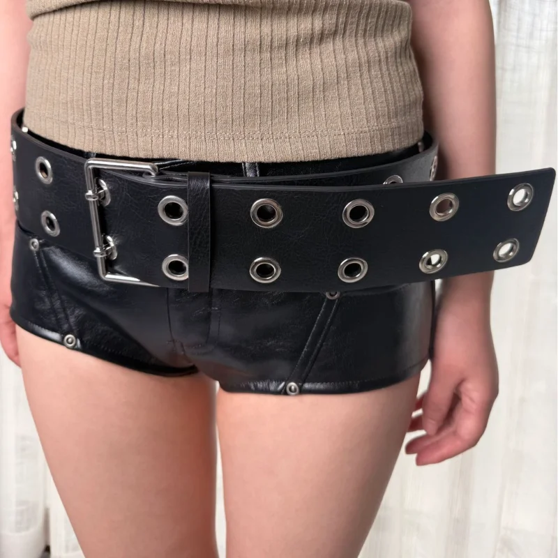 Y2k Punk Wide Eyelet Waist Belt Women Double Hole Leather Waistband Metal Buckle Gothic Corset Waist Cincher