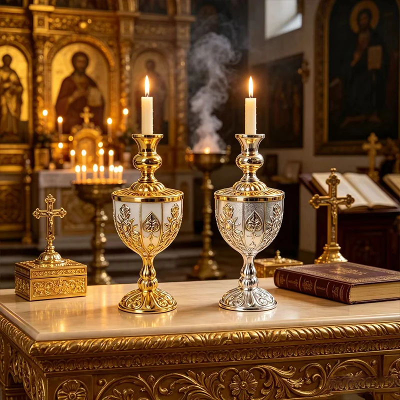 Verzierte Gold-Metall Orthodoxe Vigil-Lampe Roter Glas-Kerzenhalter mit Kreuz Emaille-Lampe für Heim-Altar Christliches Religiöses Geschenk – Detail 3