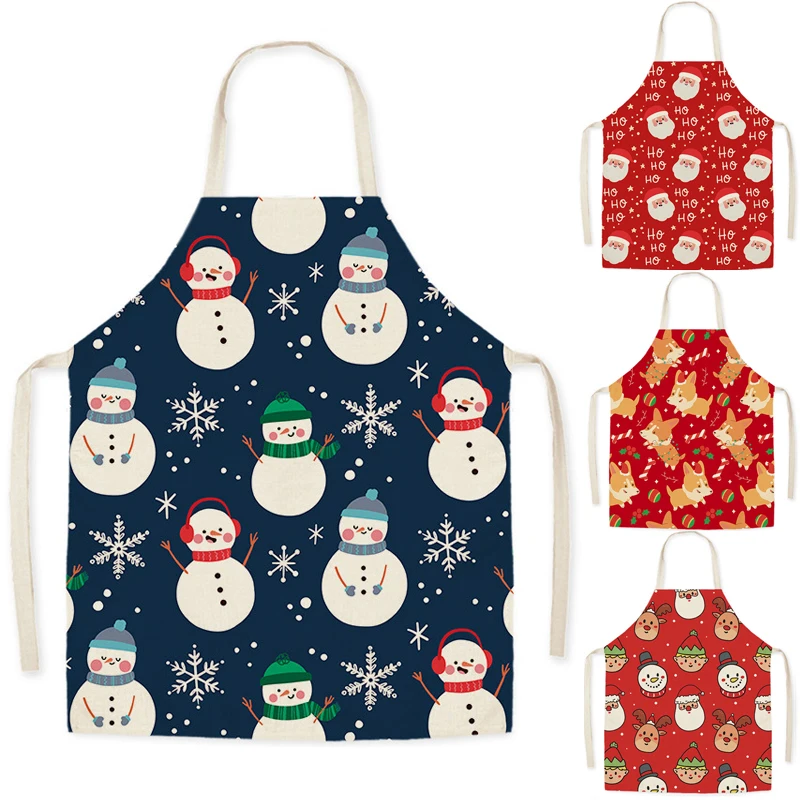 Christmas Deer Print Cleaning Apron Cotton Linen Adult Bib Coffee  Home Cooking Santa Kitchen