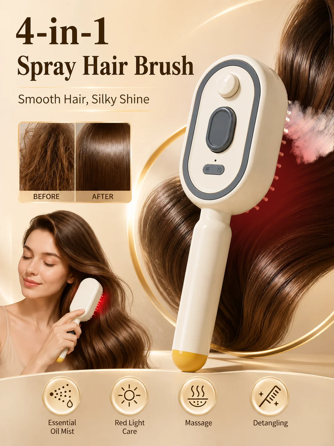 電動スプレーヘアマッサージブラシ、細かいミストと赤色ライト付き、ワンプッシュで絡まりを解消、縮れ毛や絡まり毛に最適