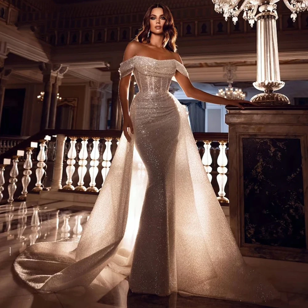 Vestido De Novia De lujo con cuentas brillantes para mujer, traje Sexy De sirena con encaje y hombros descubiertos, 2023