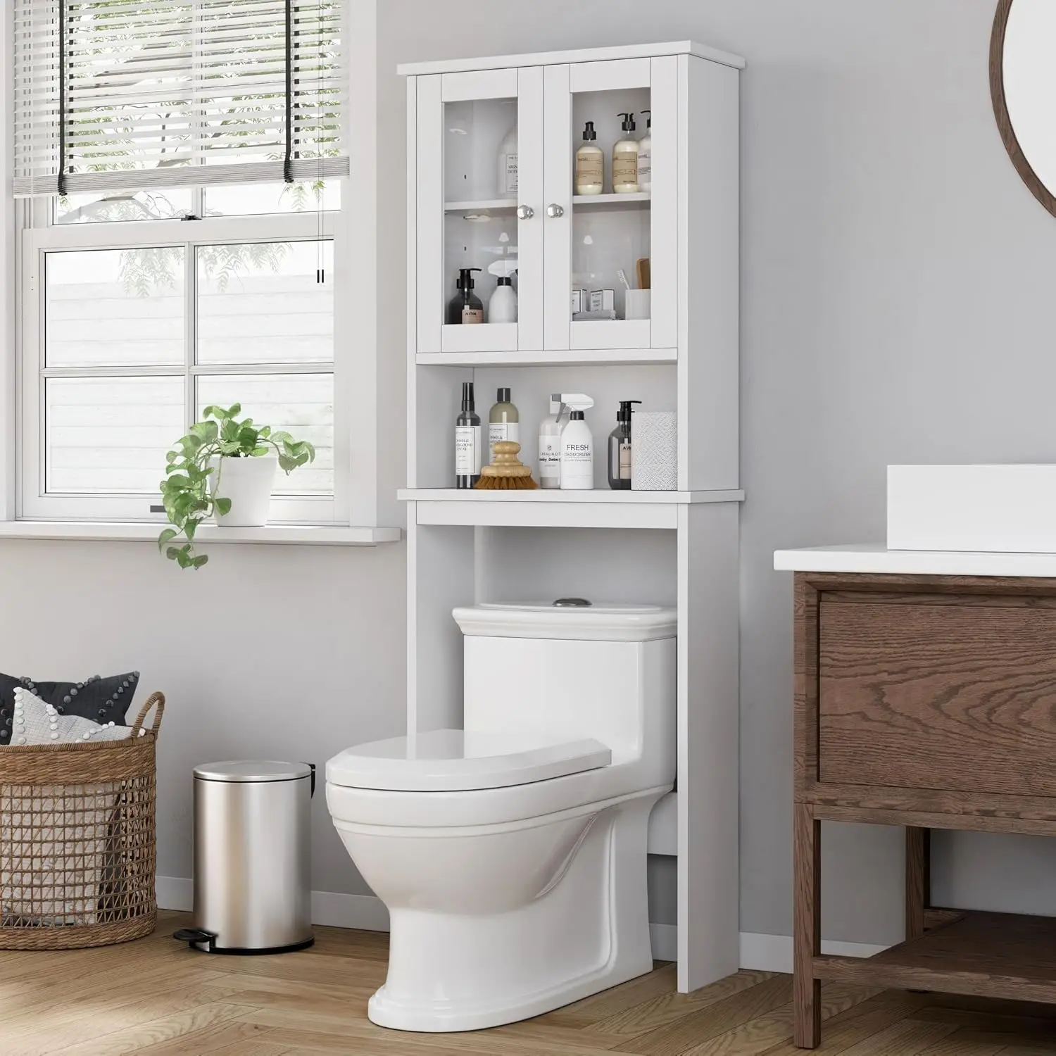 

Over the Toilet Storage Cabinet, Bathroom Shelf Organizer with Anti-Tip Device Small Freestanding Space Saver with Adjustable