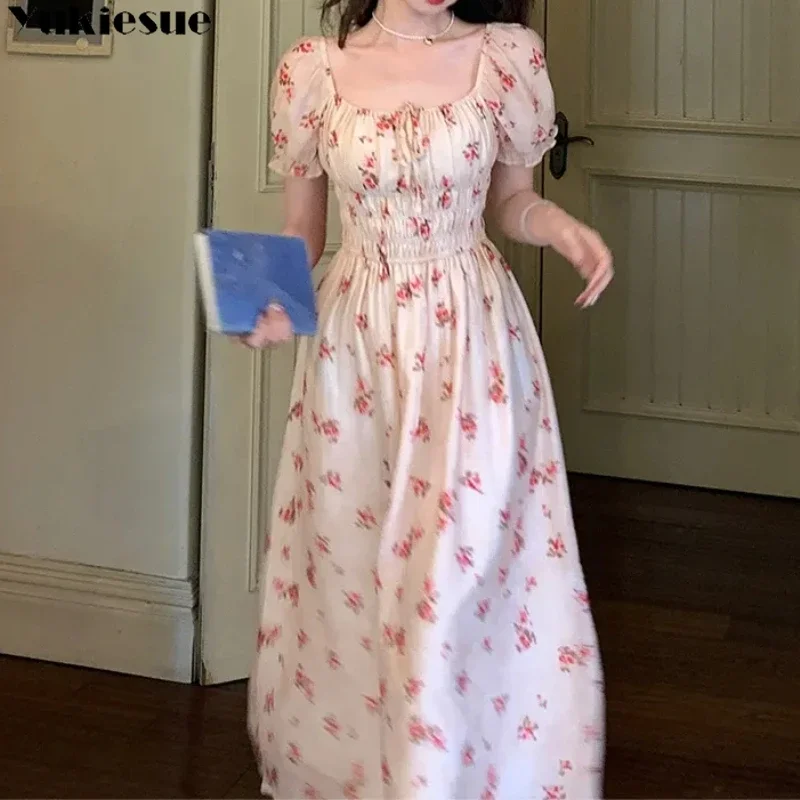 Summer Casual Print Short Sleeve Square Neck Floral Corset Long Dresses Vestidos Fashion Vintage Womens Sweet Lace-up Boho Dress