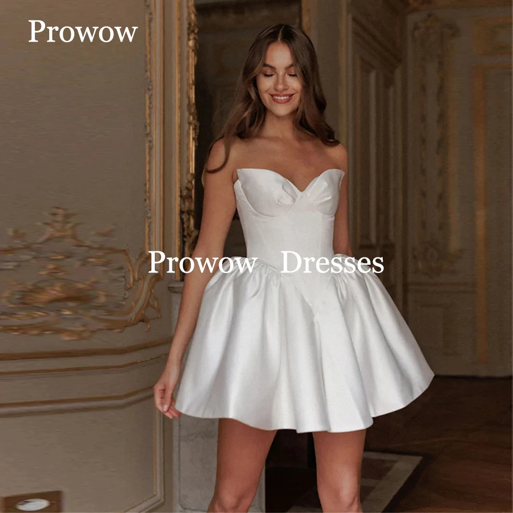 Prowow-vestidos de novia cortos de satén marfil, minivestido de novia sin mangas con escote en forma de corazón, corsé en la espalda, vestido Formal hinchado para graduación personalizado