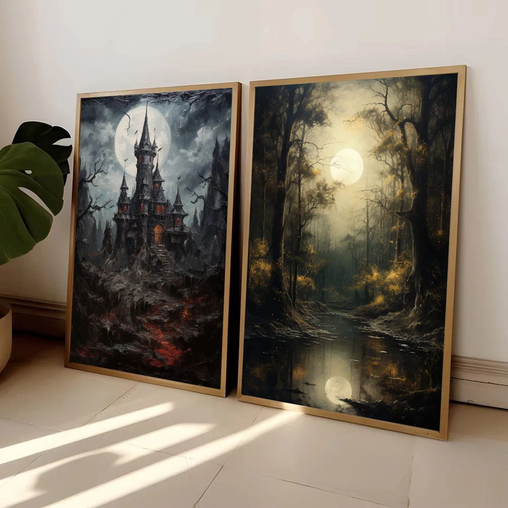 (1PC Unframe)Dark Forest Poster  Academia Vintage Gothic Moon Canvas Painting  Macabre Aesthetic Wall Art, Victorian Room Home D